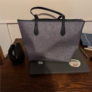 Black and Gray Sparkly Tote Bag with Leather Handles